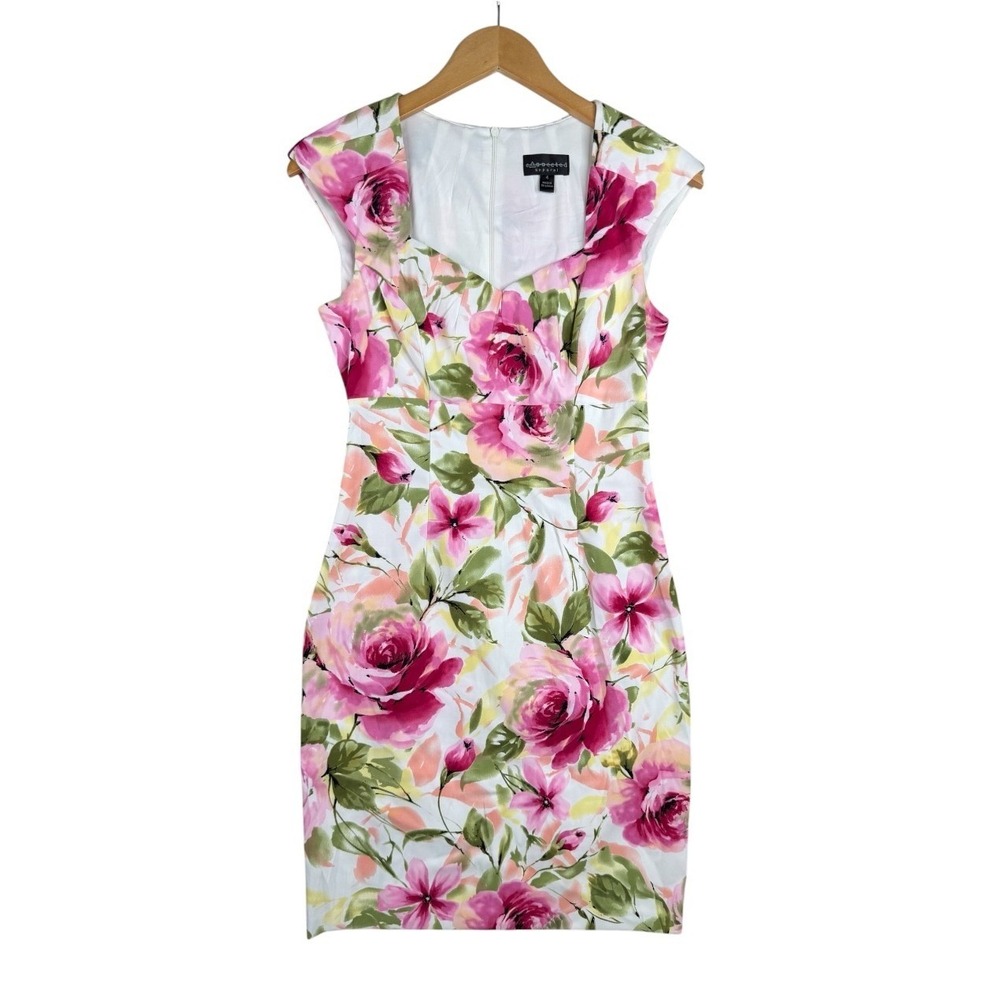 CONNECTED APPAREL WOMENS SHEATH DRESS Sweetheart Neckline Floral Size 4 Stretch